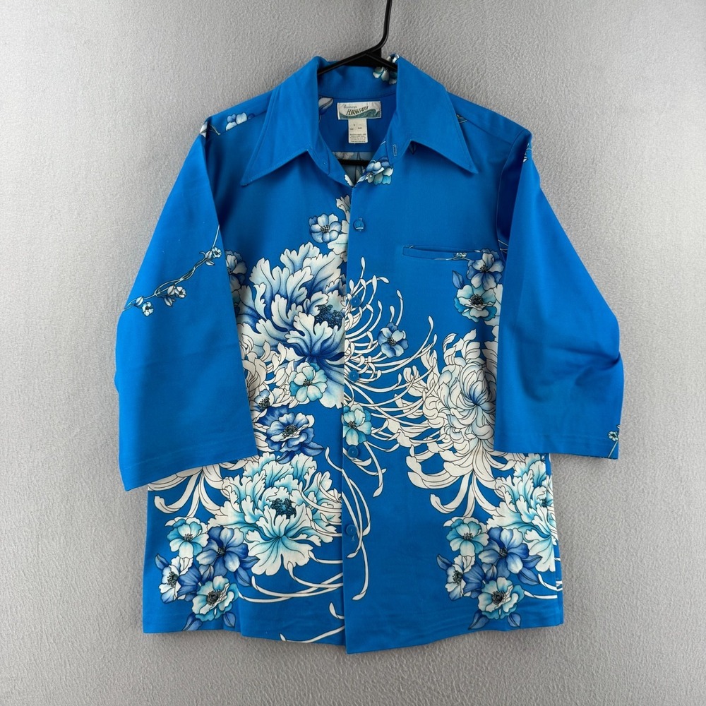 Vintage Penneys Hawaiian Shirt Mens Medium Blue Polyester Aloha Resort 70s